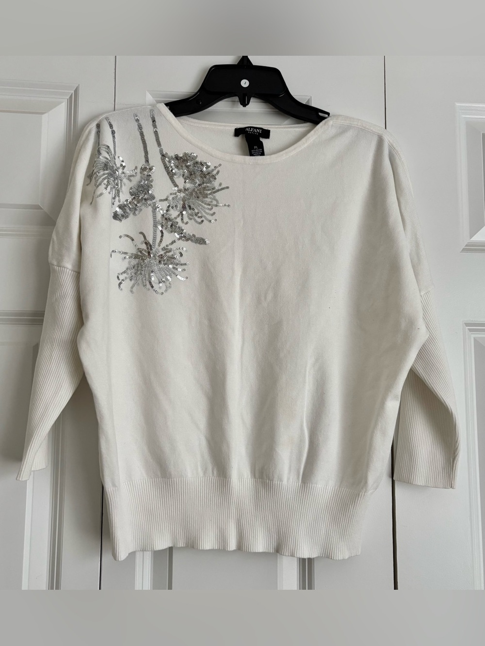 Alfani White Sweater with Silver Sequin Floral Accents